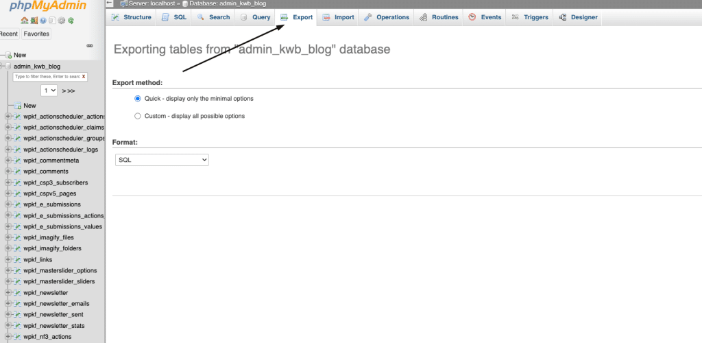 export option phpmyadmin