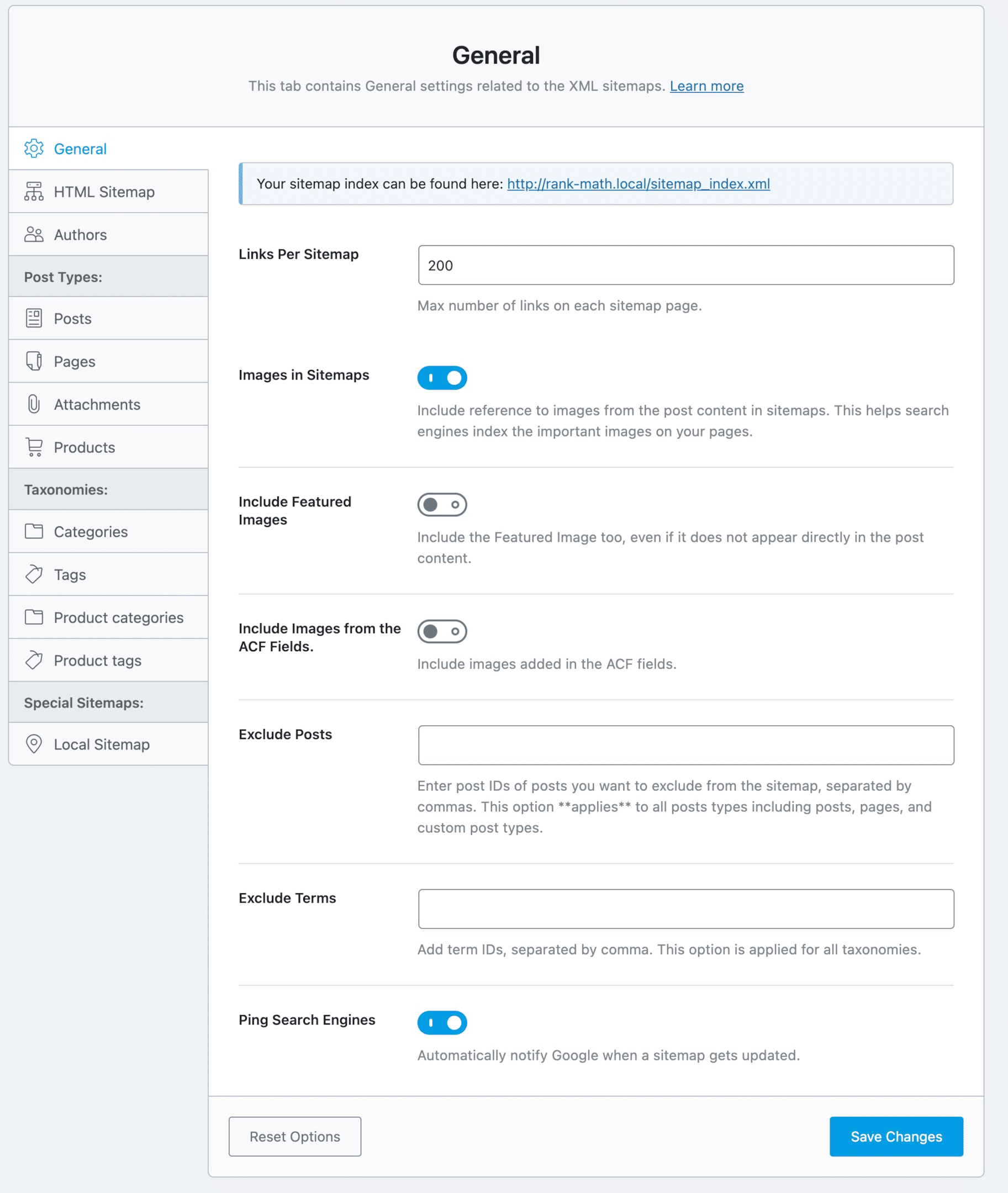 sitemap settings